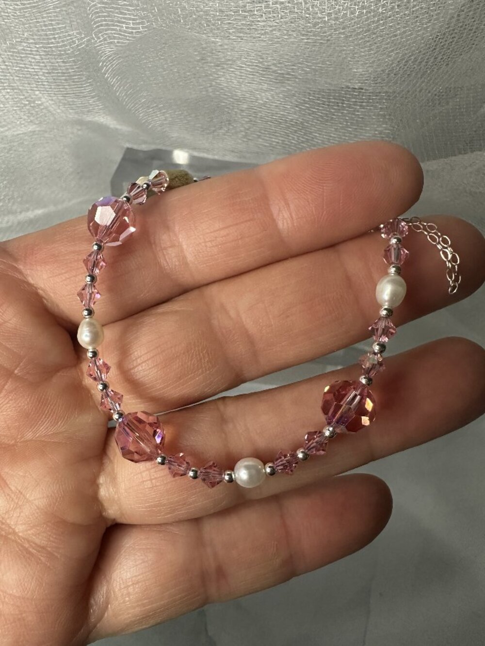 Artisan Swarovski Light Rose Genuine Pearl Sterling Silver Bracelet New FL1028